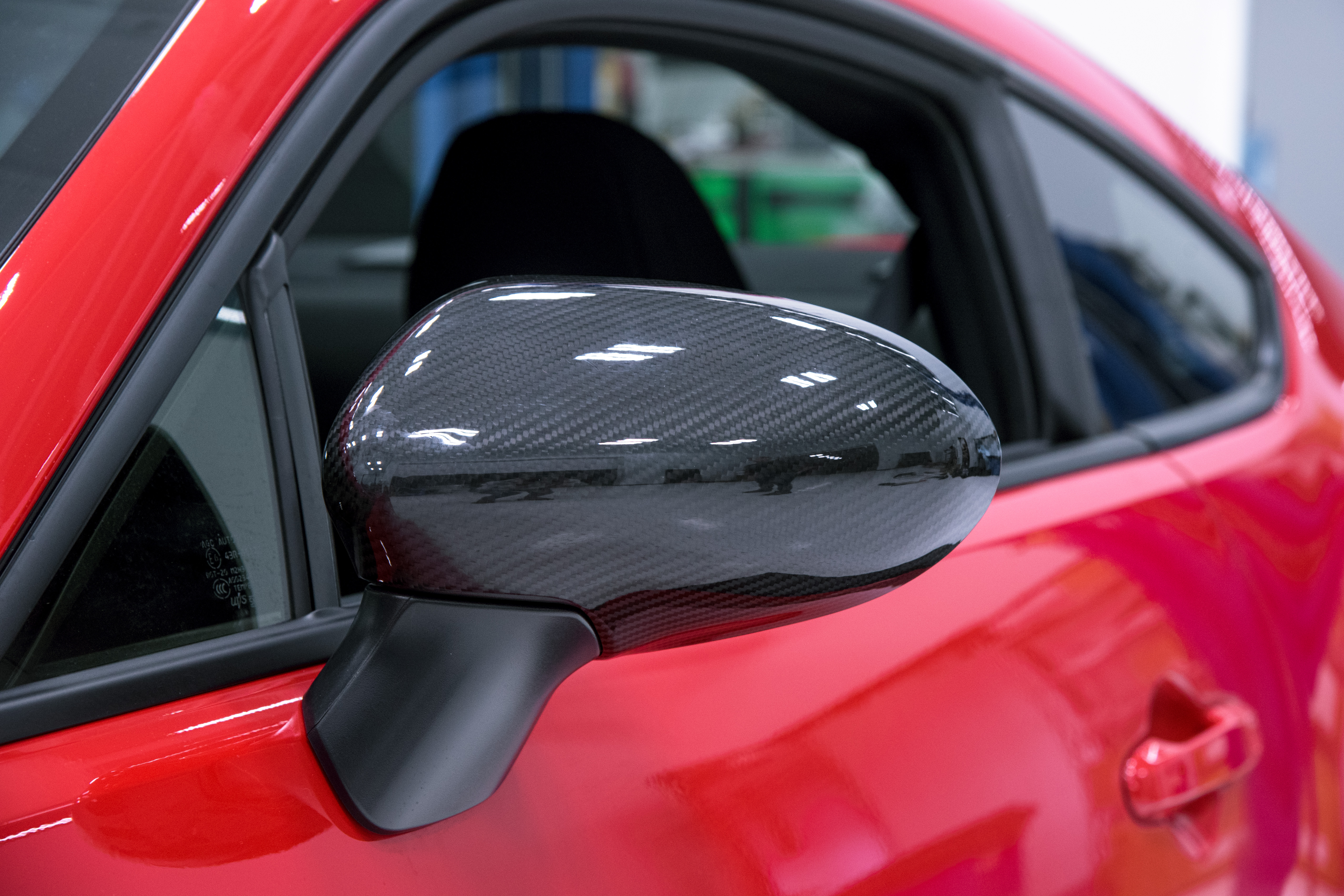 OLM LE Dry Carbon Fiber Mirror Covers Installed On A 2022 Toyota GR86